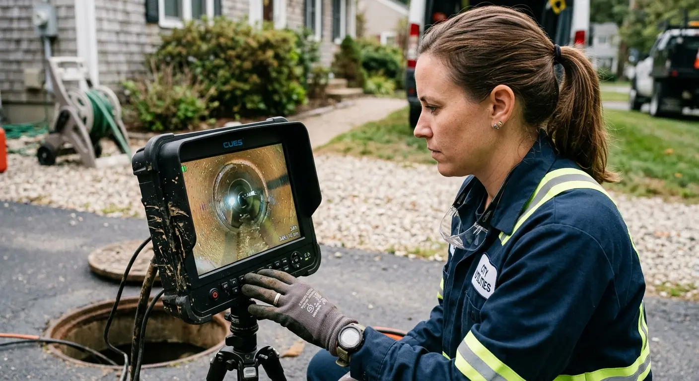 Technician reviewing sewer camera inspection footage in Lampasas