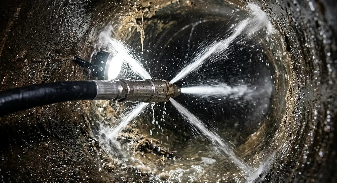 High-pressure hydro jetting nozzle cleaning sewer pipe for Trenchless Sewer Repair in Lampasas