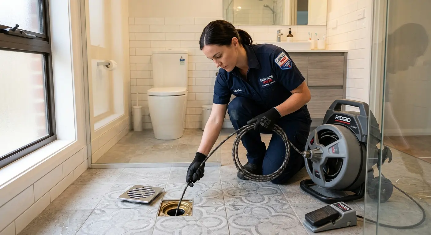 Technician clearing a bathroom floor drain for Sewer Line Installation in Lampasas
